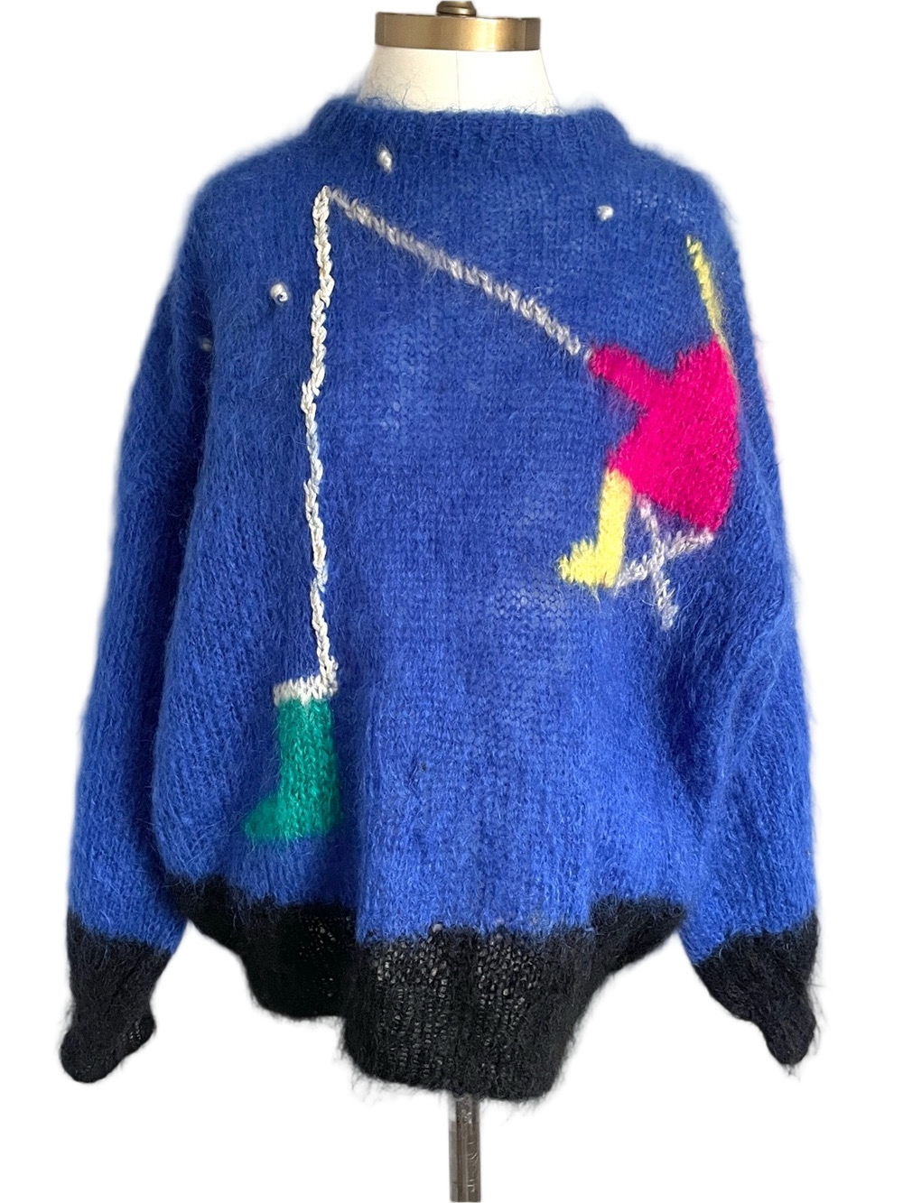 Vintage Handknit Blue Fishing Mohair Wool Sweater​ - Large 🇬🇧 - Picture 3 of 10